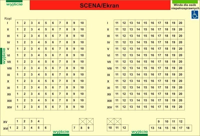 plan sali widowiskowej wraz opisem miejsc i wyjść